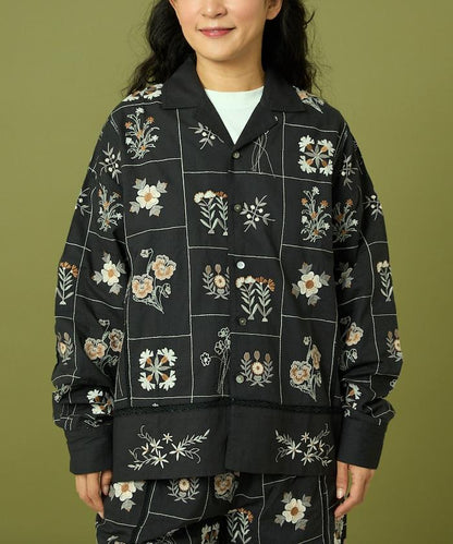 拼接花卉刺繡長袖襯衫