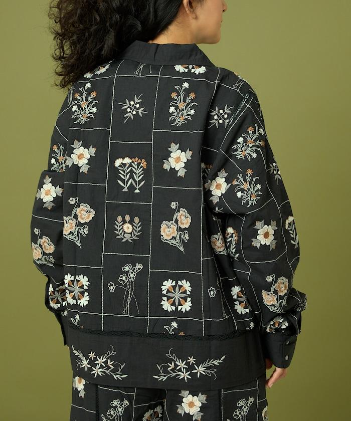 拼接花卉刺繡長袖襯衫