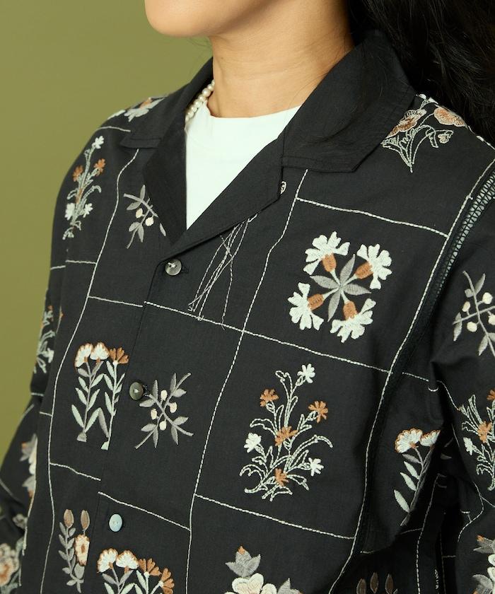 拼接花卉刺繡長袖襯衫
