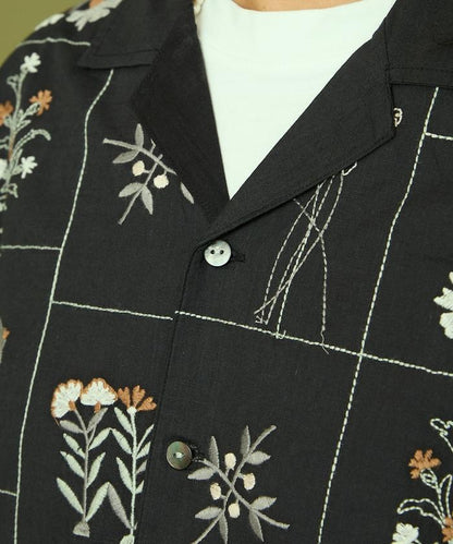 拼接花卉刺繡長袖襯衫