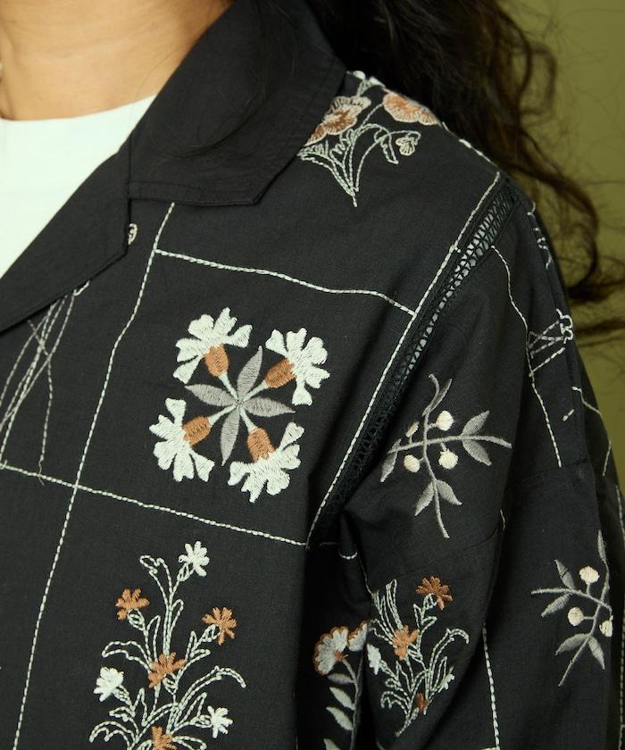 拼接花卉刺繡長袖襯衫