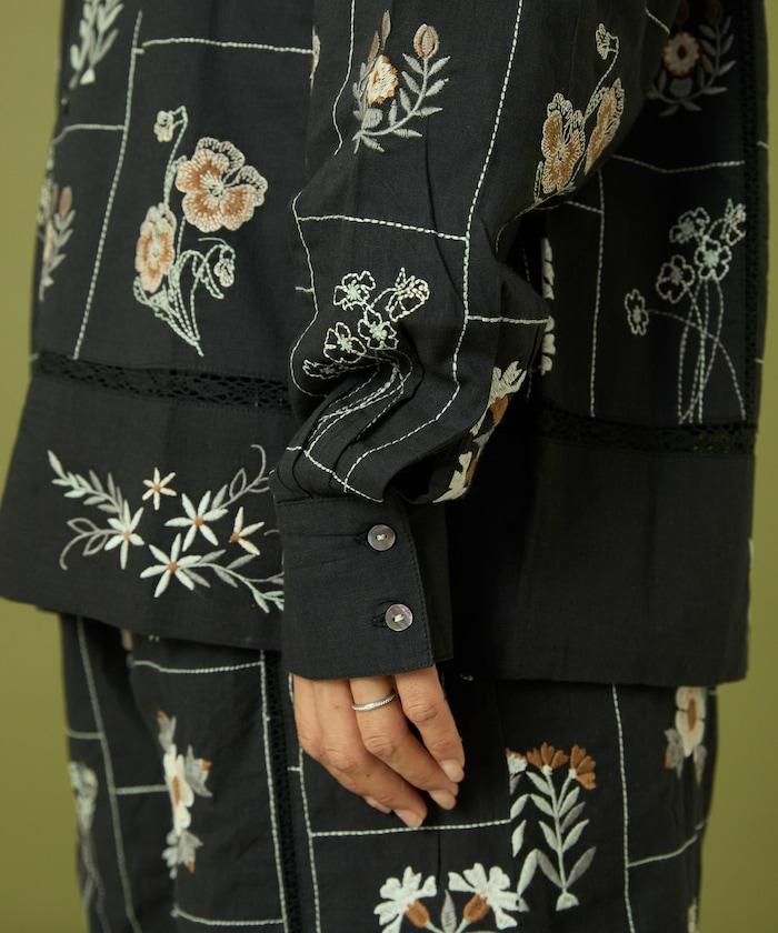 拼接花卉刺繡長袖襯衫