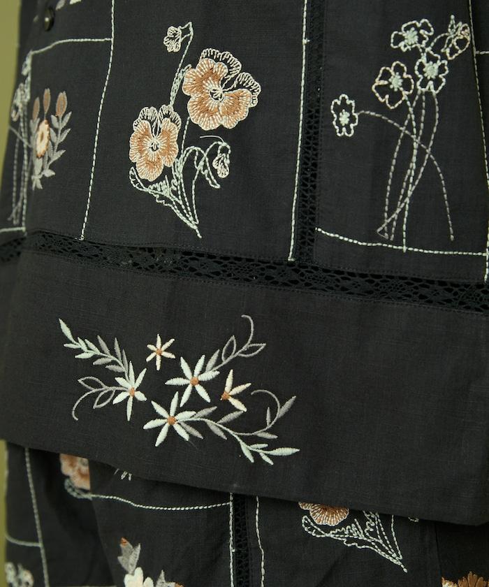 拼接花卉刺繡長袖襯衫