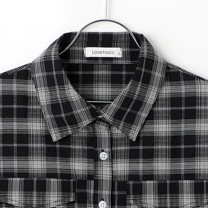 【棉100%】格紋法式短袖襯衫連衣裙