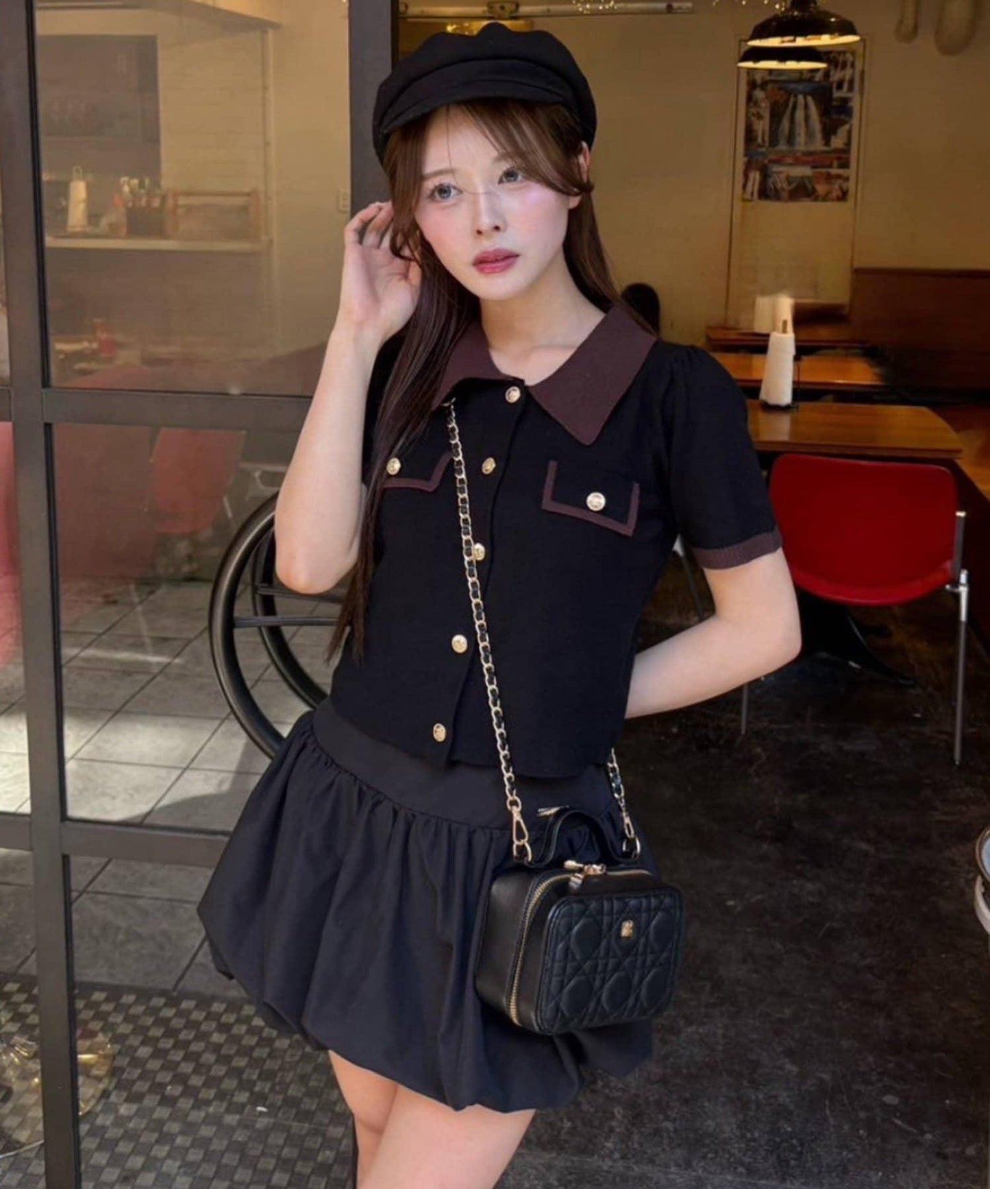 配色短袖針織衫