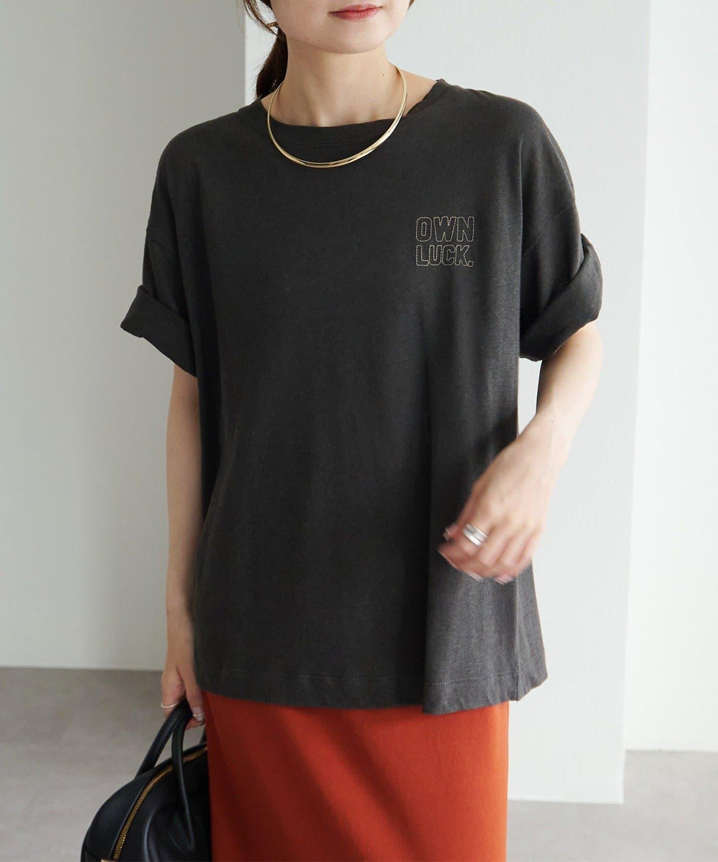 Logo刺繡×絨布印花亞麻混棉T恤