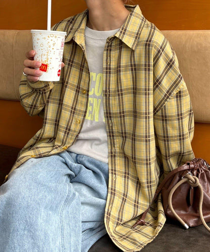 【男女通用】商場混紡長袖格子襯衫