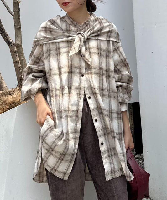 【隨心搭配】附圍巾的蓬鬆袖格紋襯衫