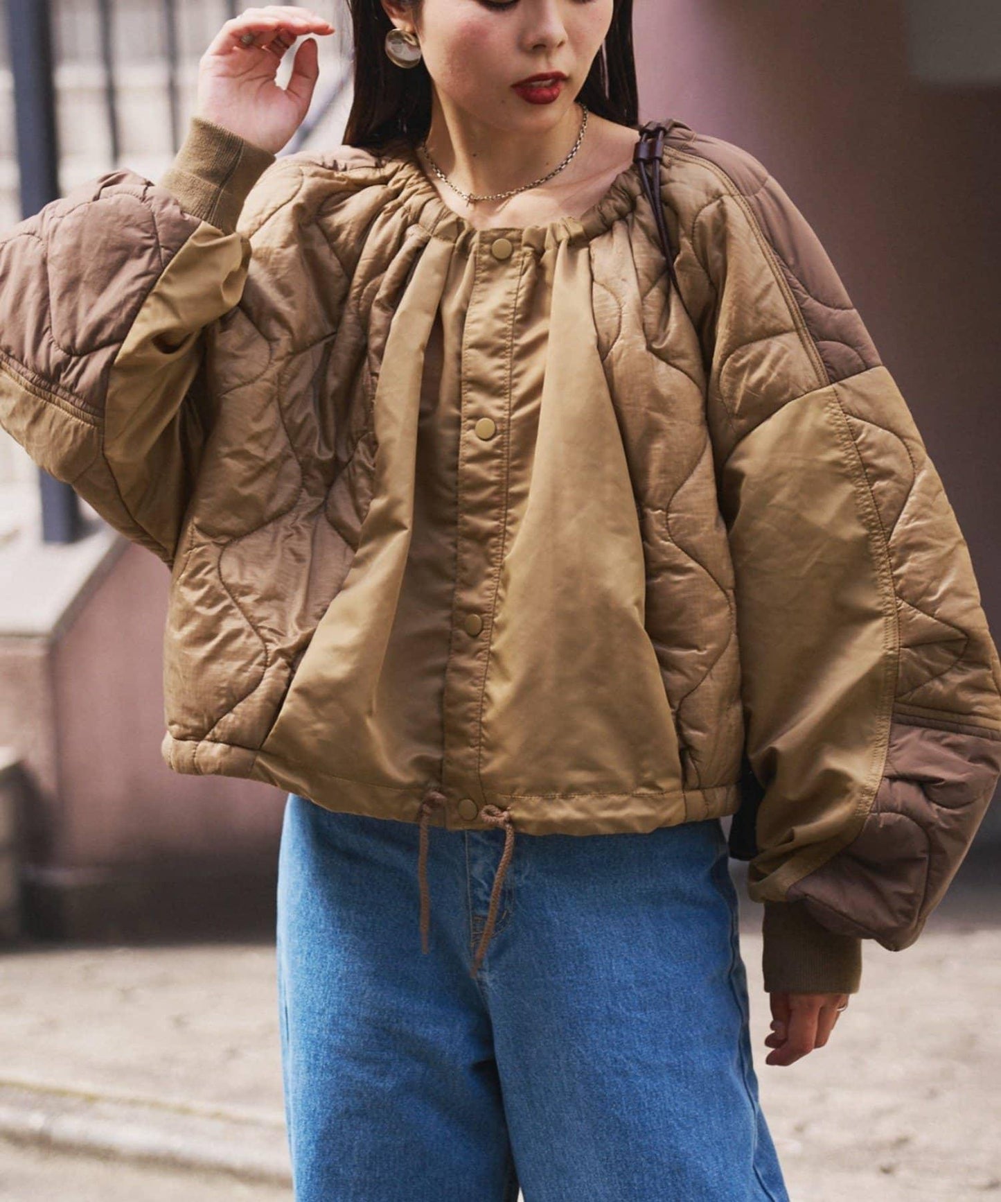 etsinta改良款拼接棉絮繭形夾克