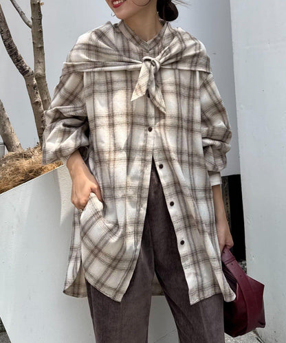 【隨心搭配】附圍巾的蓬鬆袖格紋襯衫