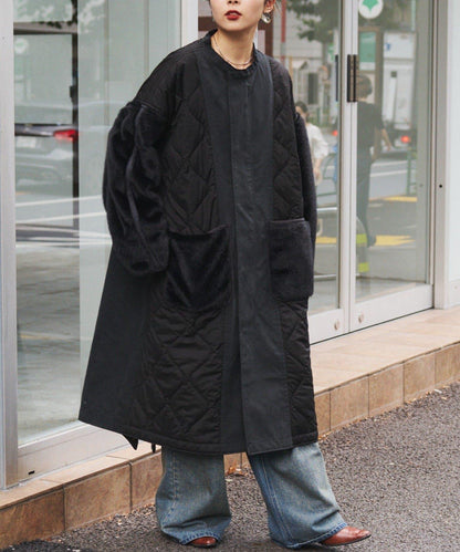 etsinta毛皮拼接無領拼接棉服