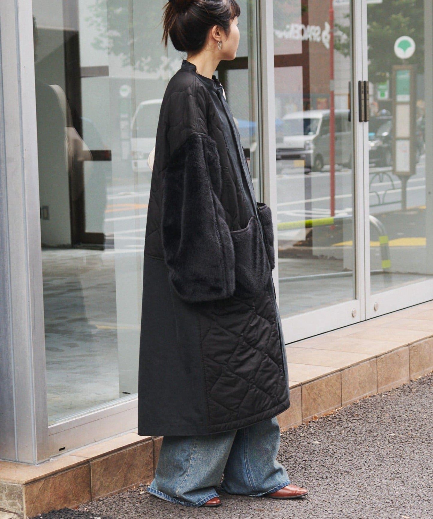 etsinta毛皮拼接無領拼接棉服