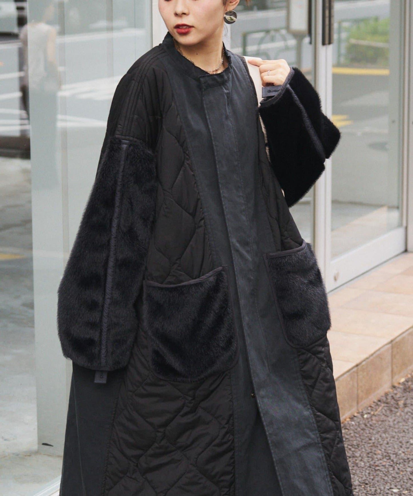 etsinta毛皮拼接無領拼接棉服