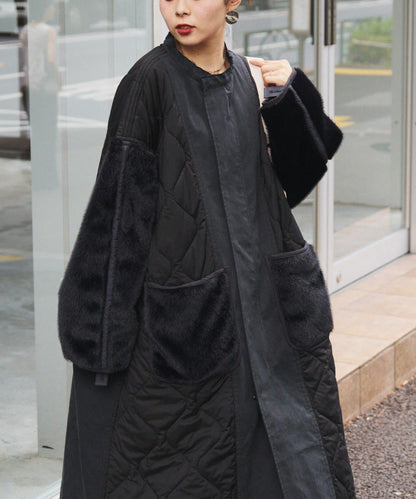 etsinta毛皮拼接無領拼接棉服