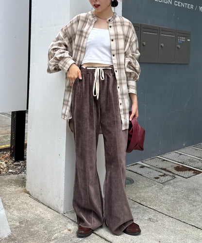 【提升時尚感】絨面綁帶闊腿褲