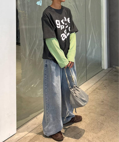 【男女通用】疊層條紋logo短袖T恤