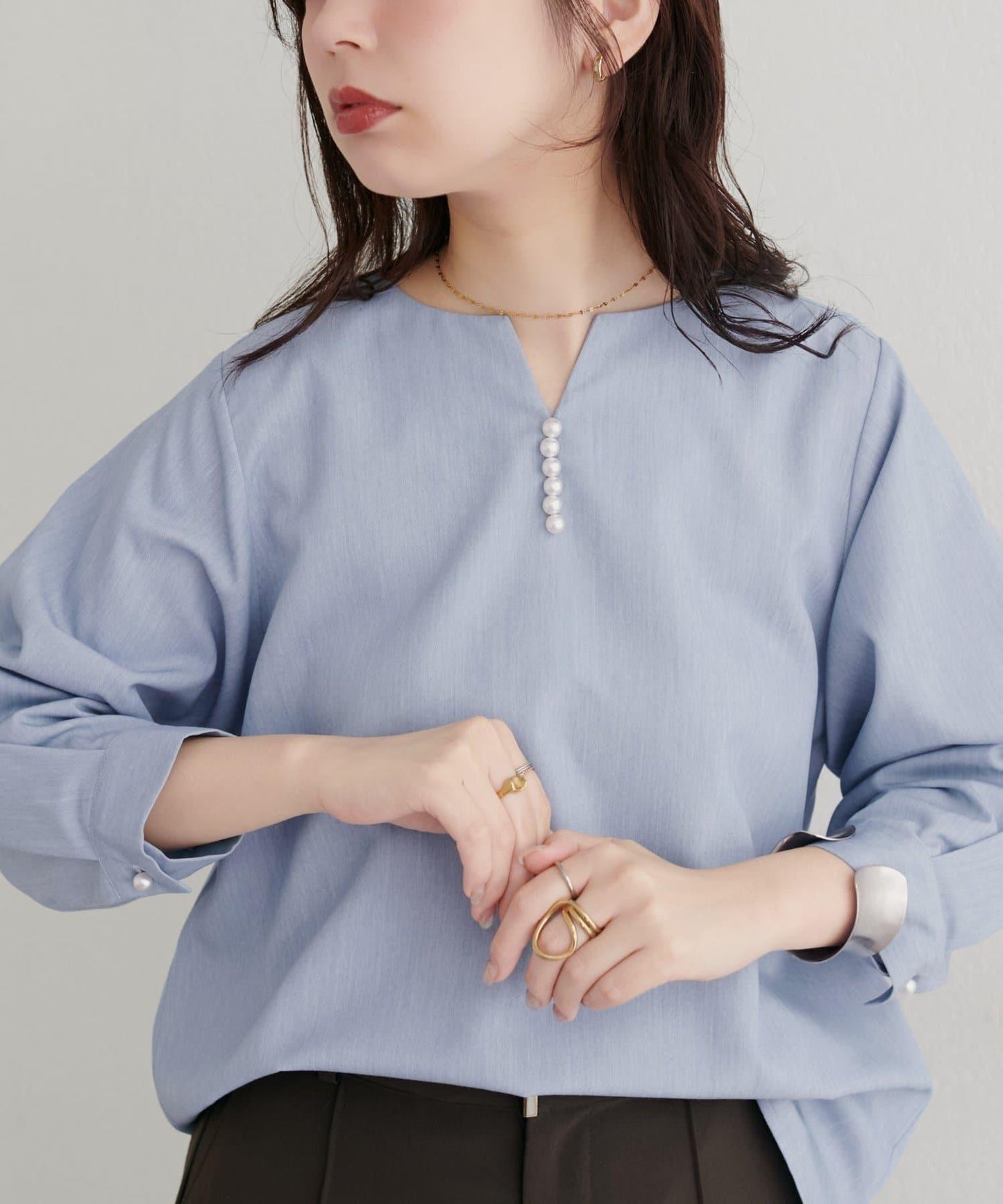 【限定】珍珠裝飾領開衫襯衫