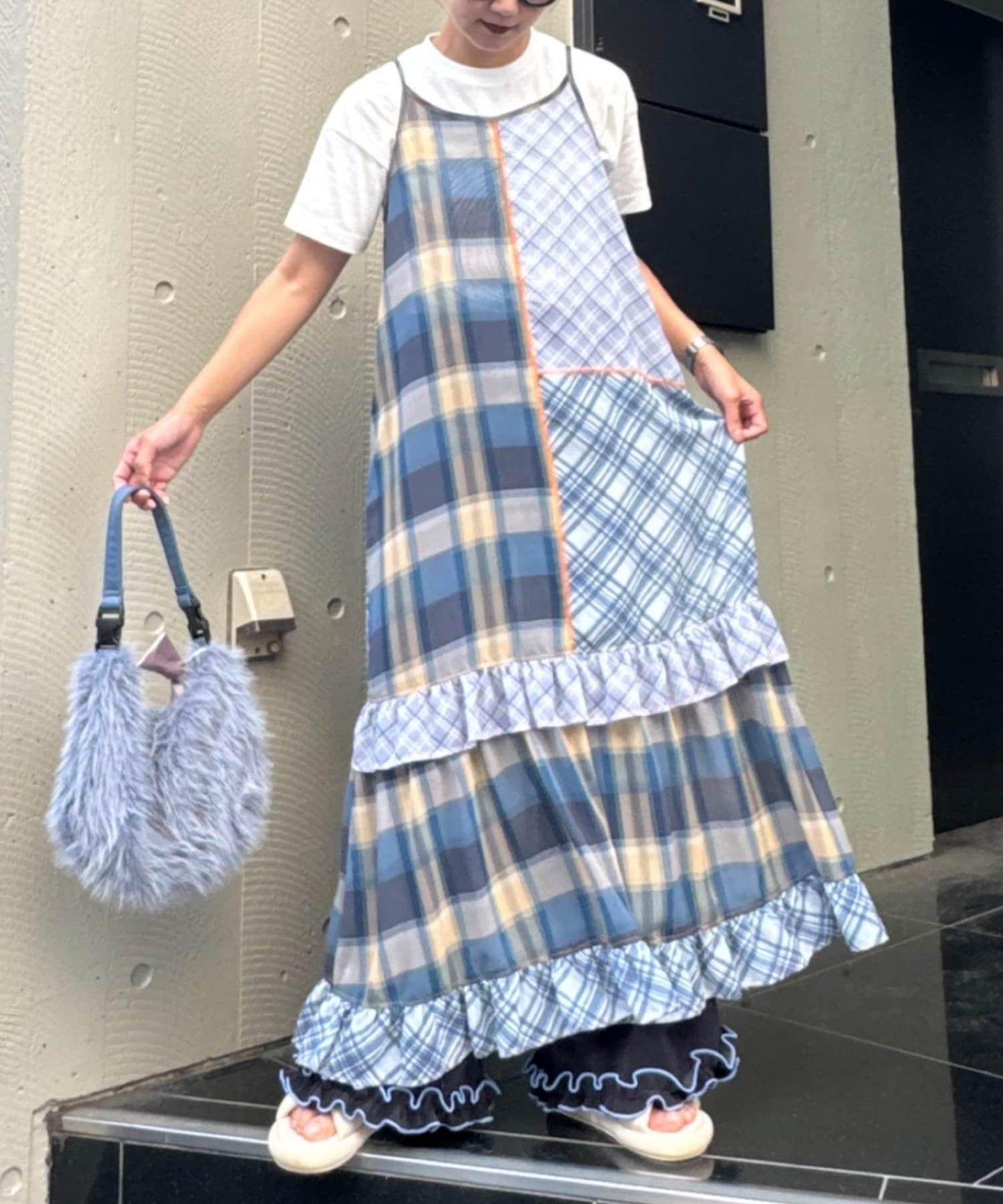 H.S透明格紋拼接吊帶連衣裙