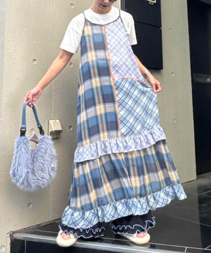 H.S透明格紋拼接吊帶連衣裙