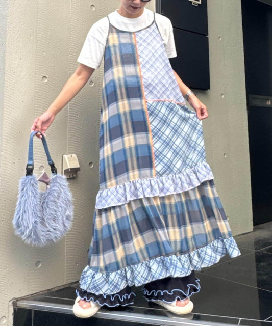 H.S透明格紋拼接吊帶連衣裙