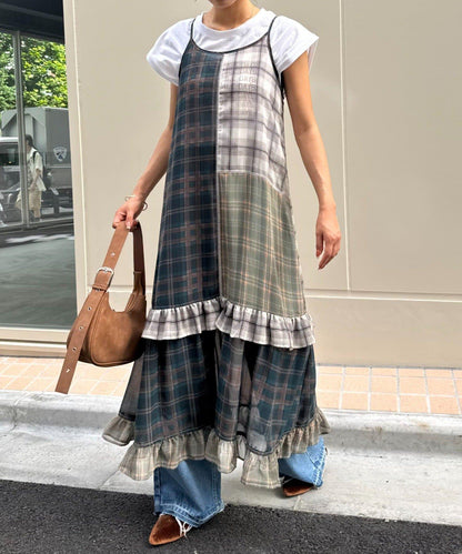 H.S透明格紋拼接吊帶連衣裙