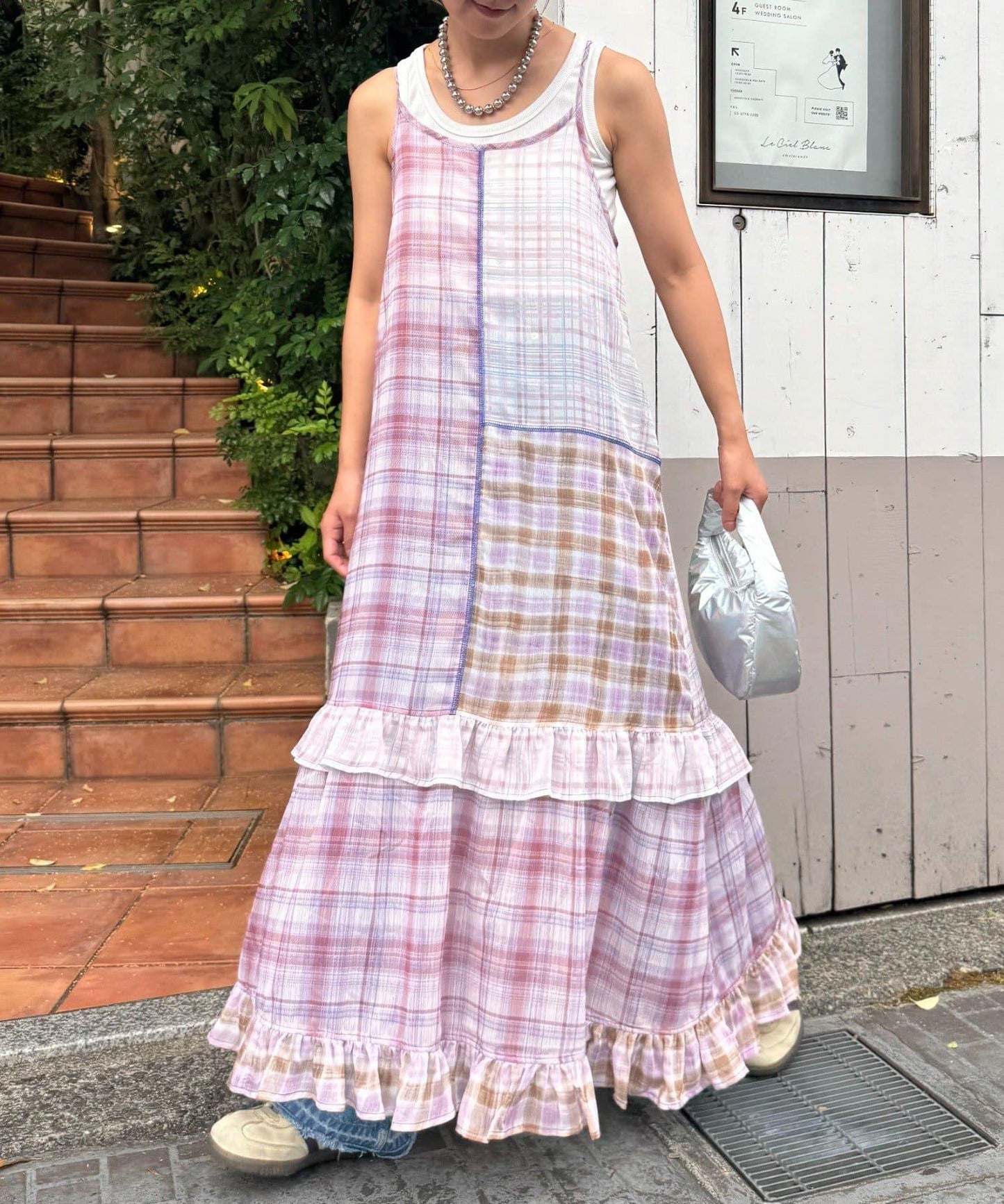 H.S透明格紋拼接吊帶連衣裙