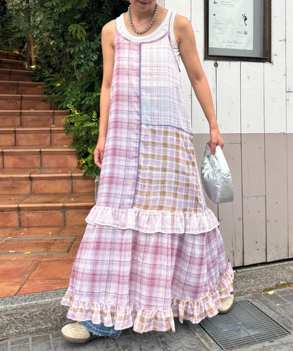 H.S透明格紋拼接吊帶連衣裙
