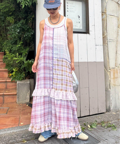 H.S透明格紋拼接吊帶連衣裙