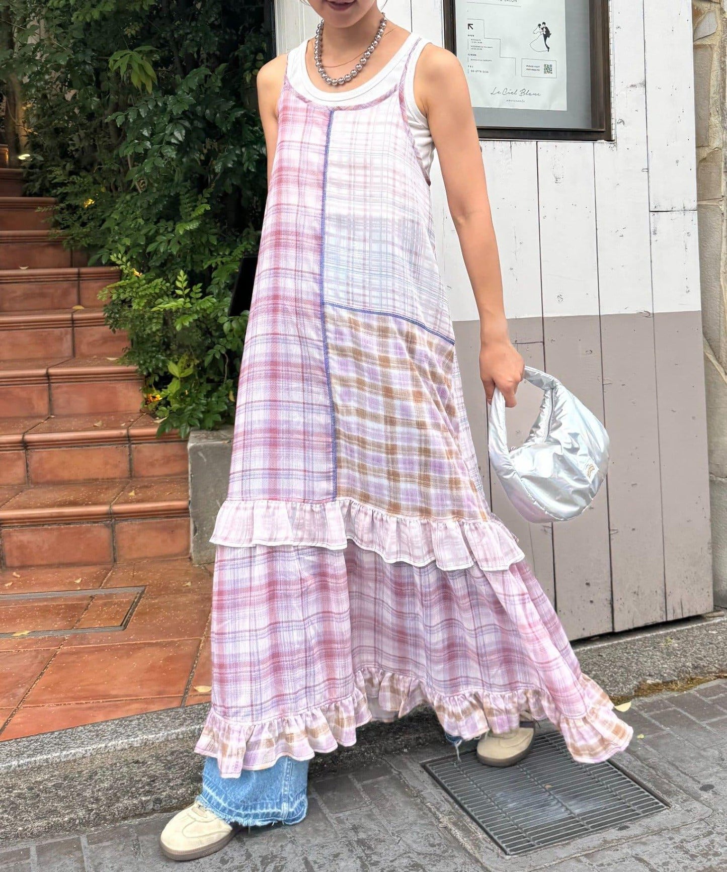 H.S透明格紋拼接吊帶連衣裙