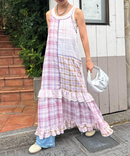 H.S透明格紋拼接吊帶連衣裙