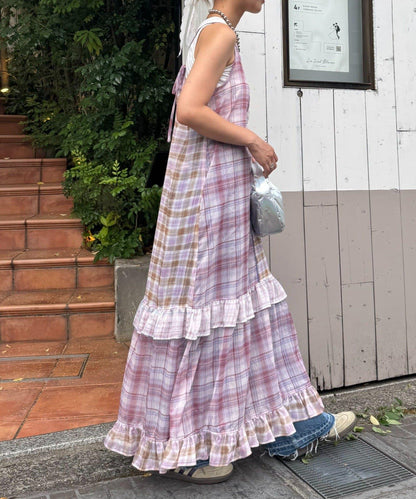 H.S透明格紋拼接吊帶連衣裙