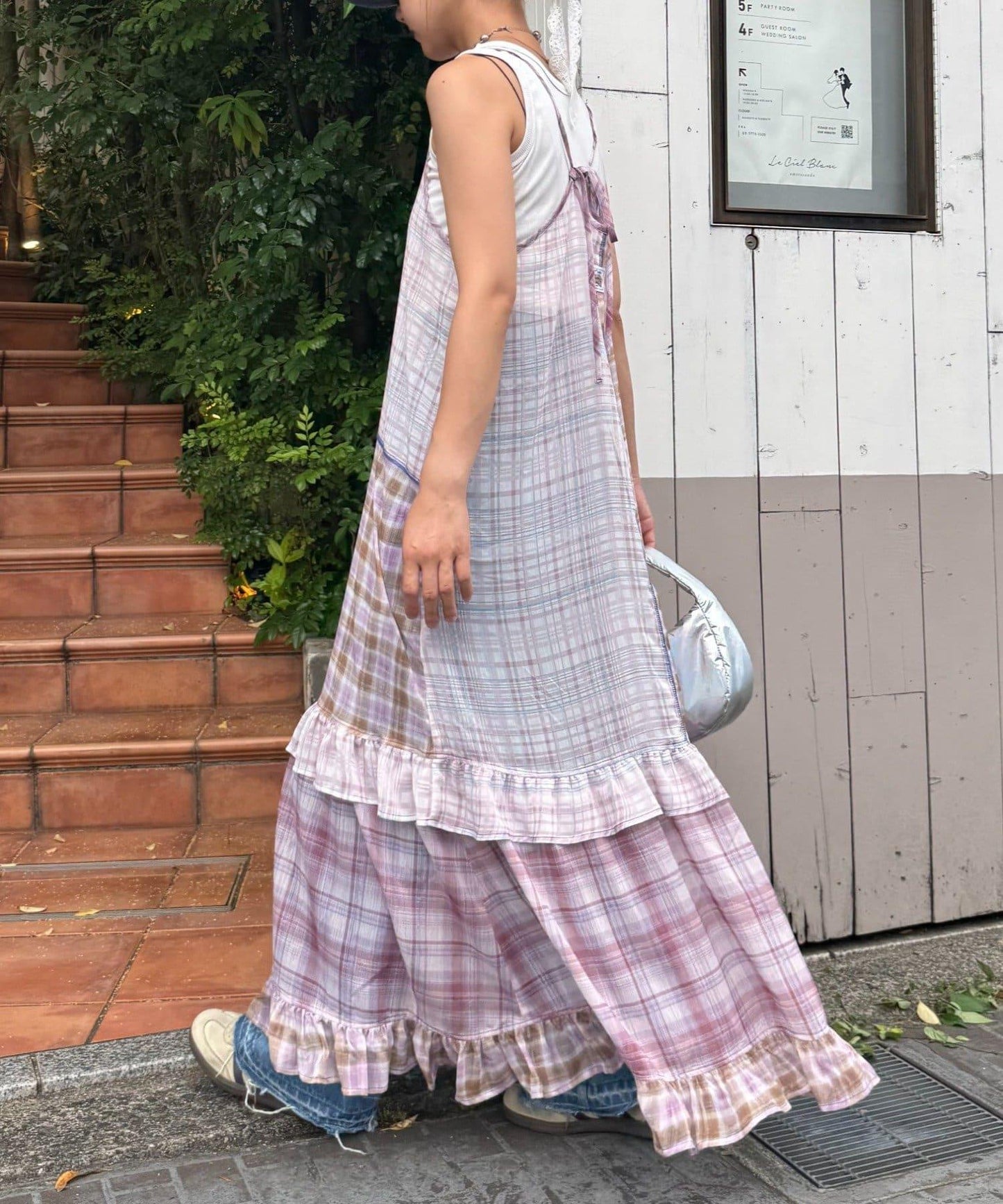 H.S透明格紋拼接吊帶連衣裙