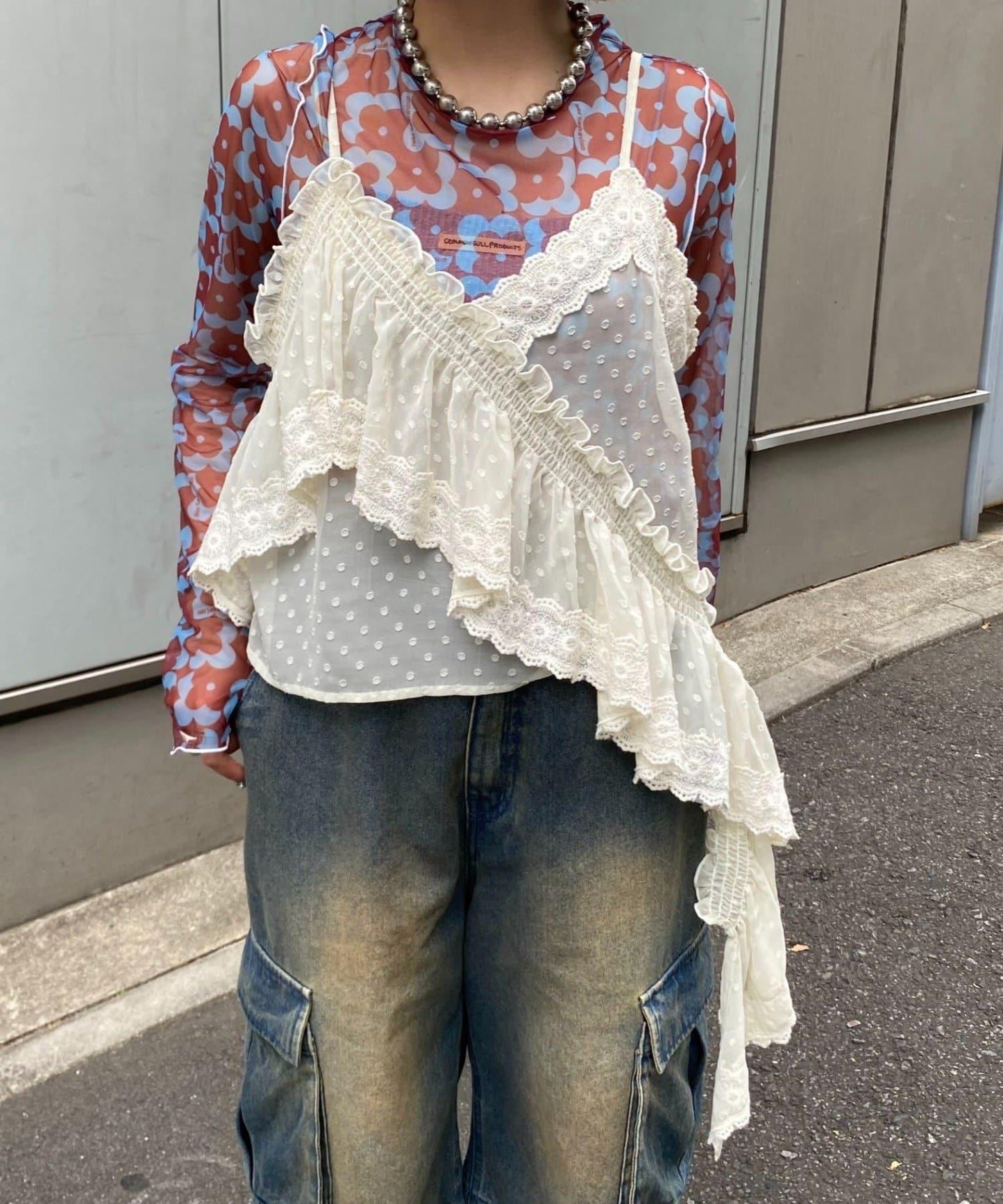 H.S不對稱荷葉邊圓點蕾絲吊帶