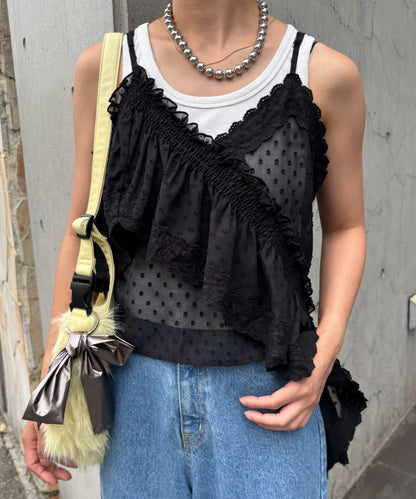 H.S不對稱荷葉邊圓點蕾絲吊帶