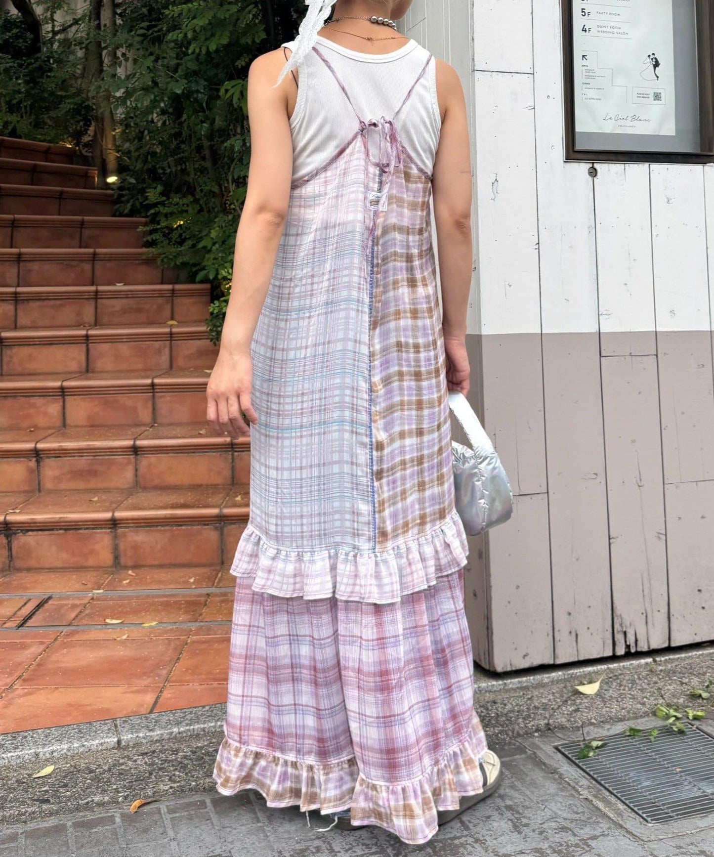 H.S透明格紋拼接吊帶連衣裙