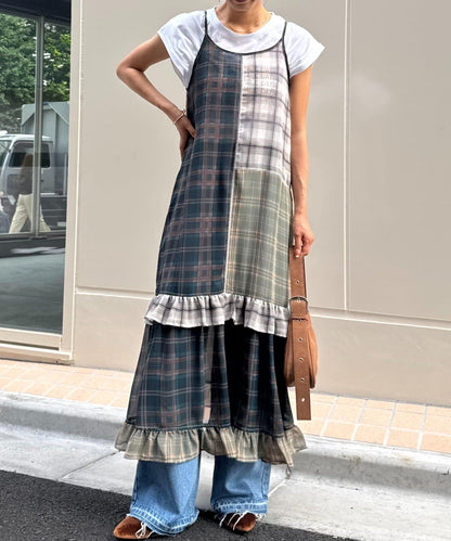 H.S透明格紋拼接吊帶連衣裙