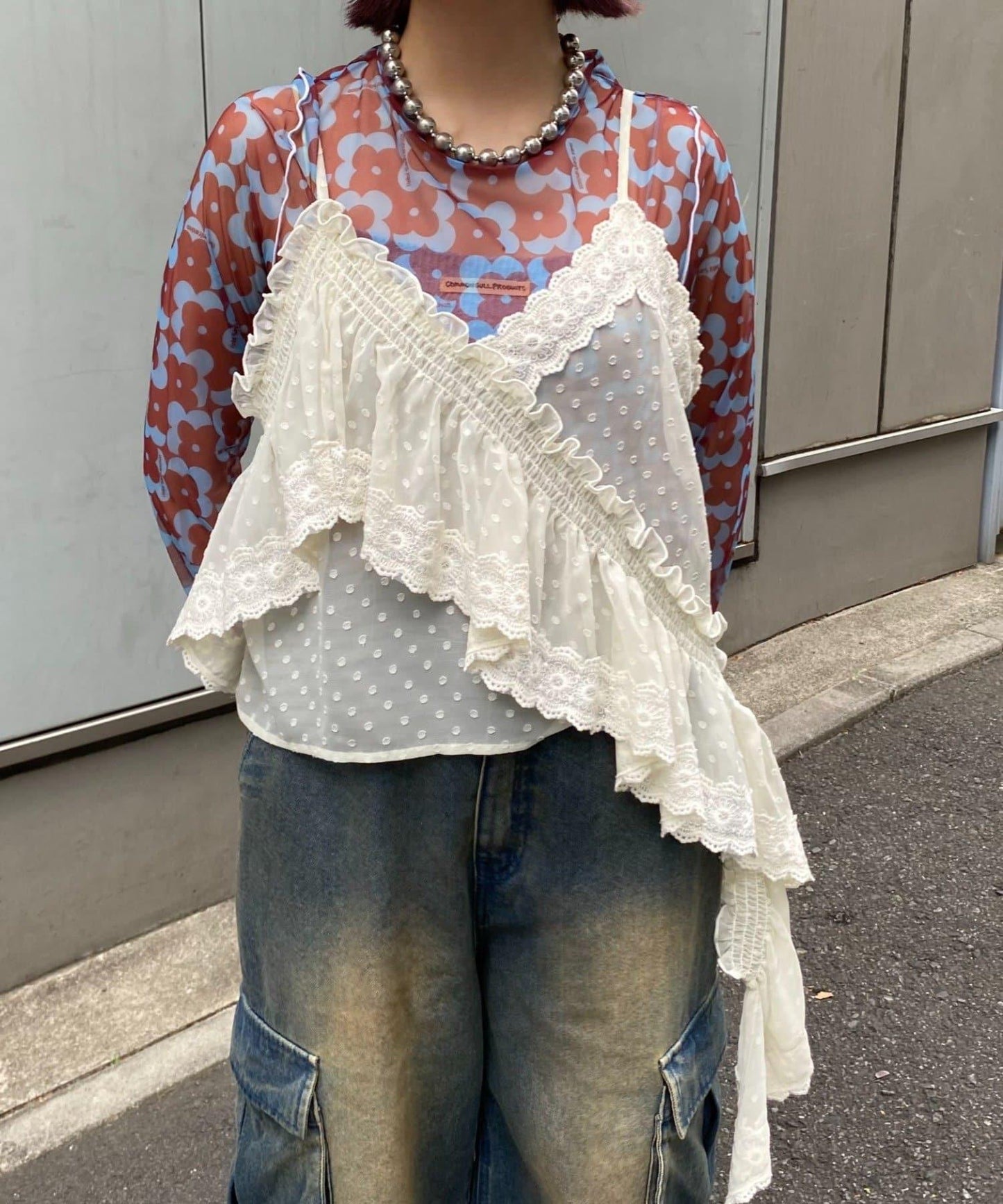 H.S不對稱荷葉邊圓點蕾絲吊帶