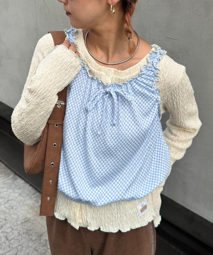 H.S格子印花氣球袖上衣套裝