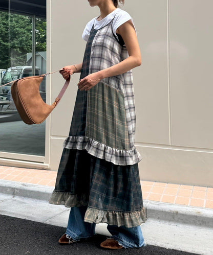 H.S透明格紋拼接吊帶連衣裙