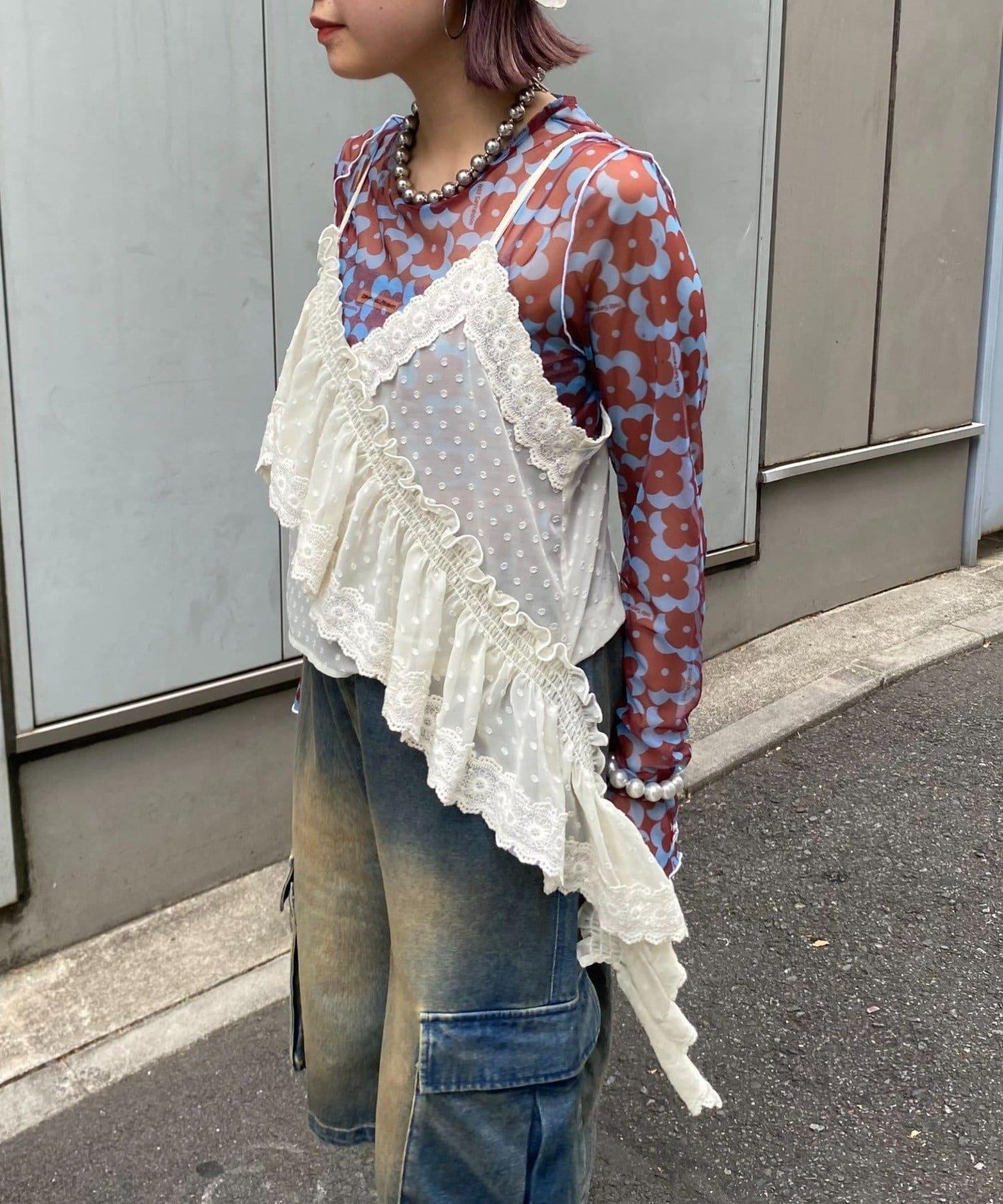 H.S不對稱荷葉邊圓點蕾絲吊帶