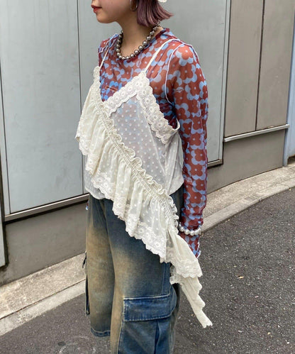 H.S不對稱荷葉邊圓點蕾絲吊帶