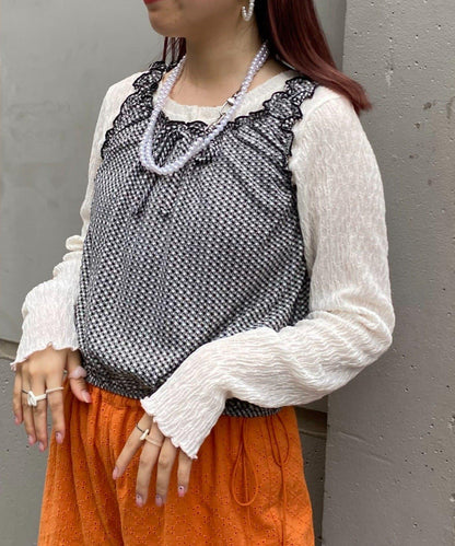 H.S格子印花氣球袖上衣套裝