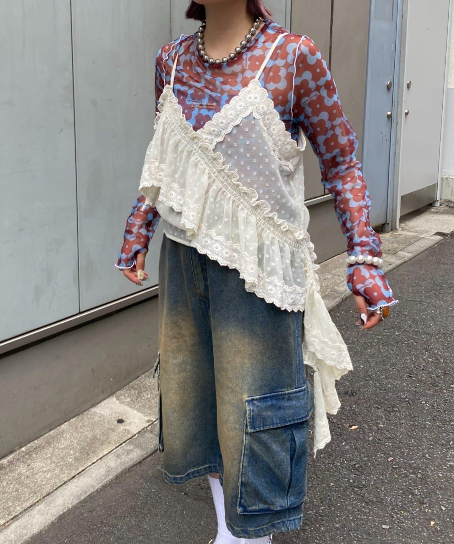 H.S不對稱荷葉邊圓點蕾絲吊帶