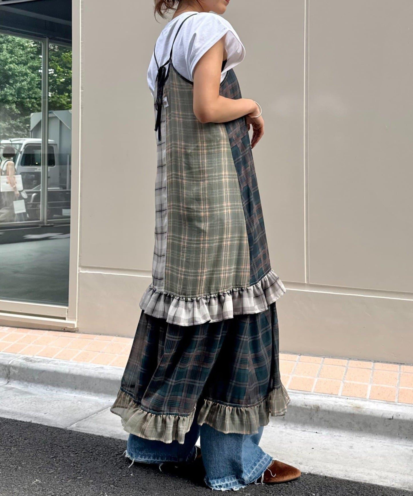 H.S透明格紋拼接吊帶連衣裙