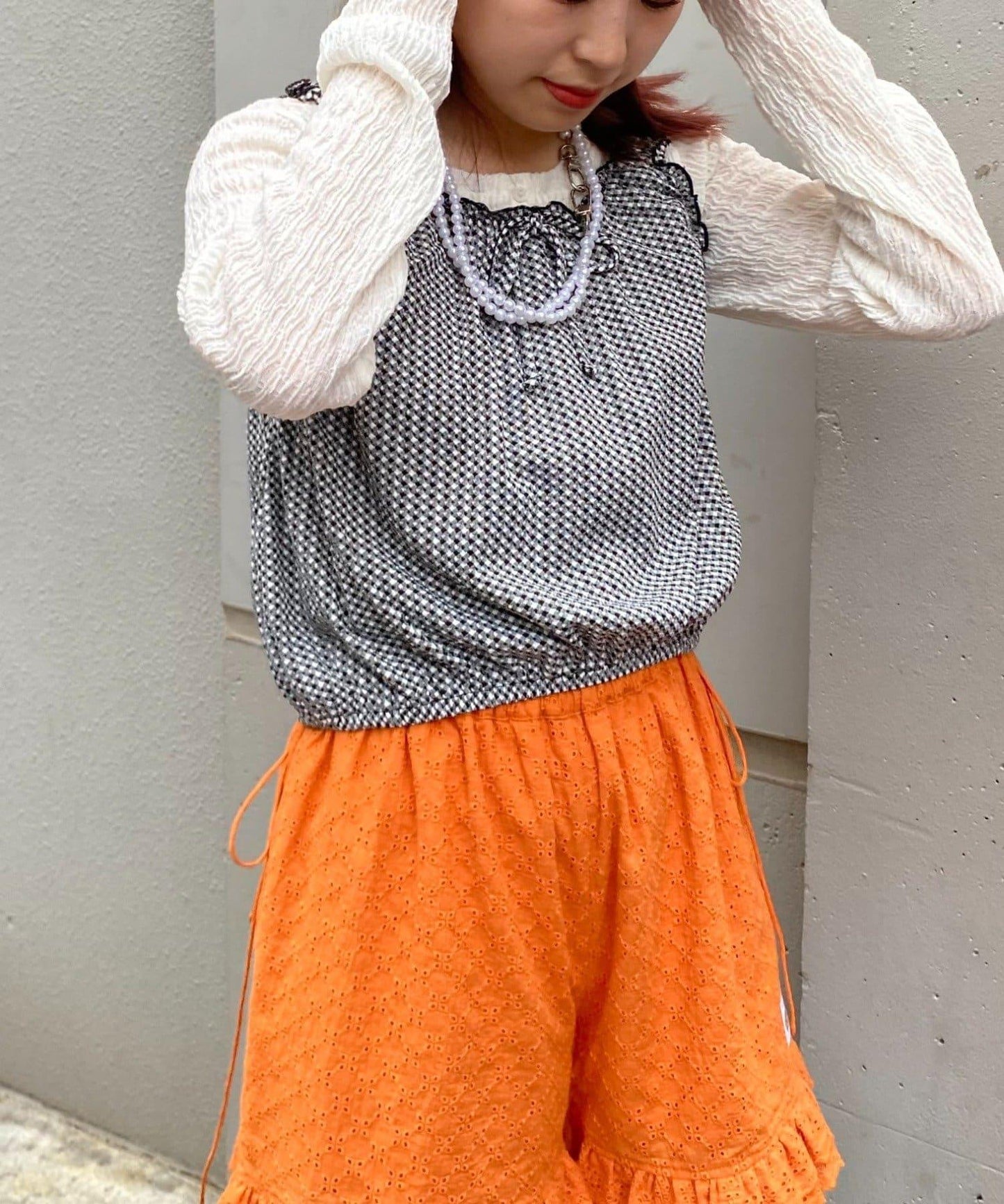 H.S格子印花氣球袖上衣套裝