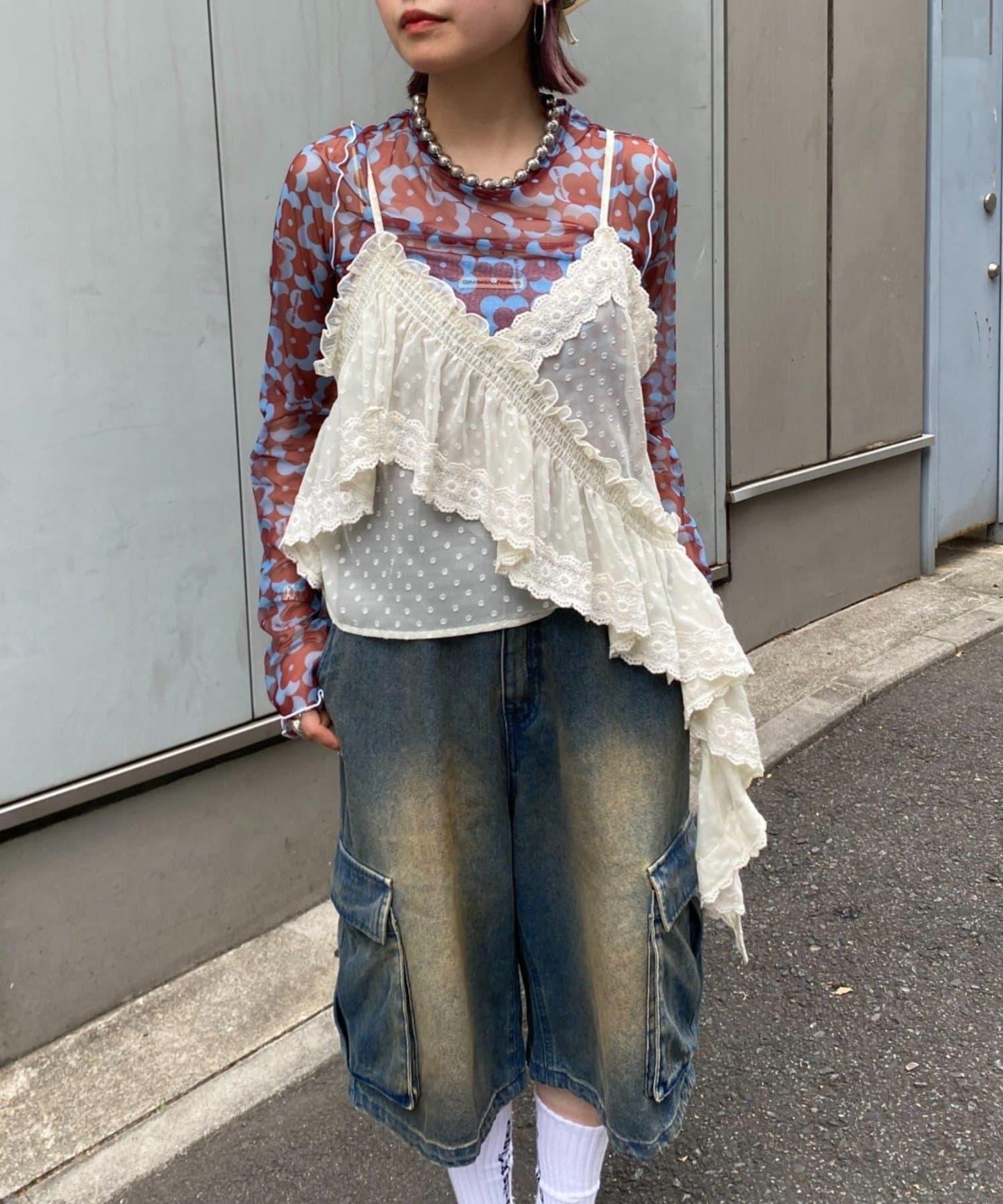 H.S不對稱荷葉邊圓點蕾絲吊帶