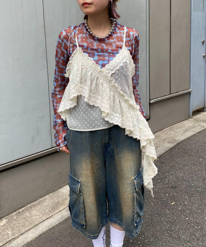 H.S不對稱荷葉邊圓點蕾絲吊帶