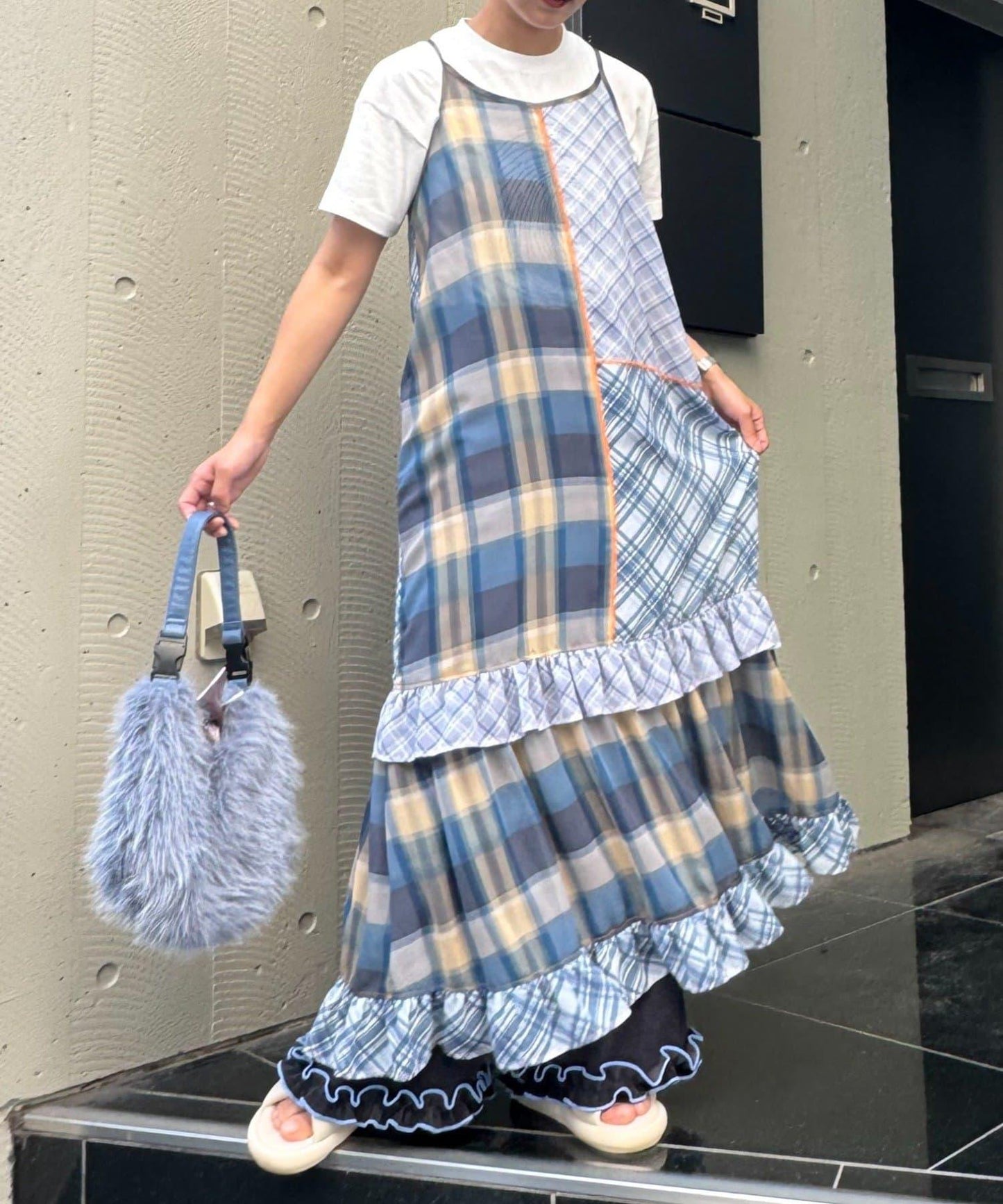 H.S透明格紋拼接吊帶連衣裙