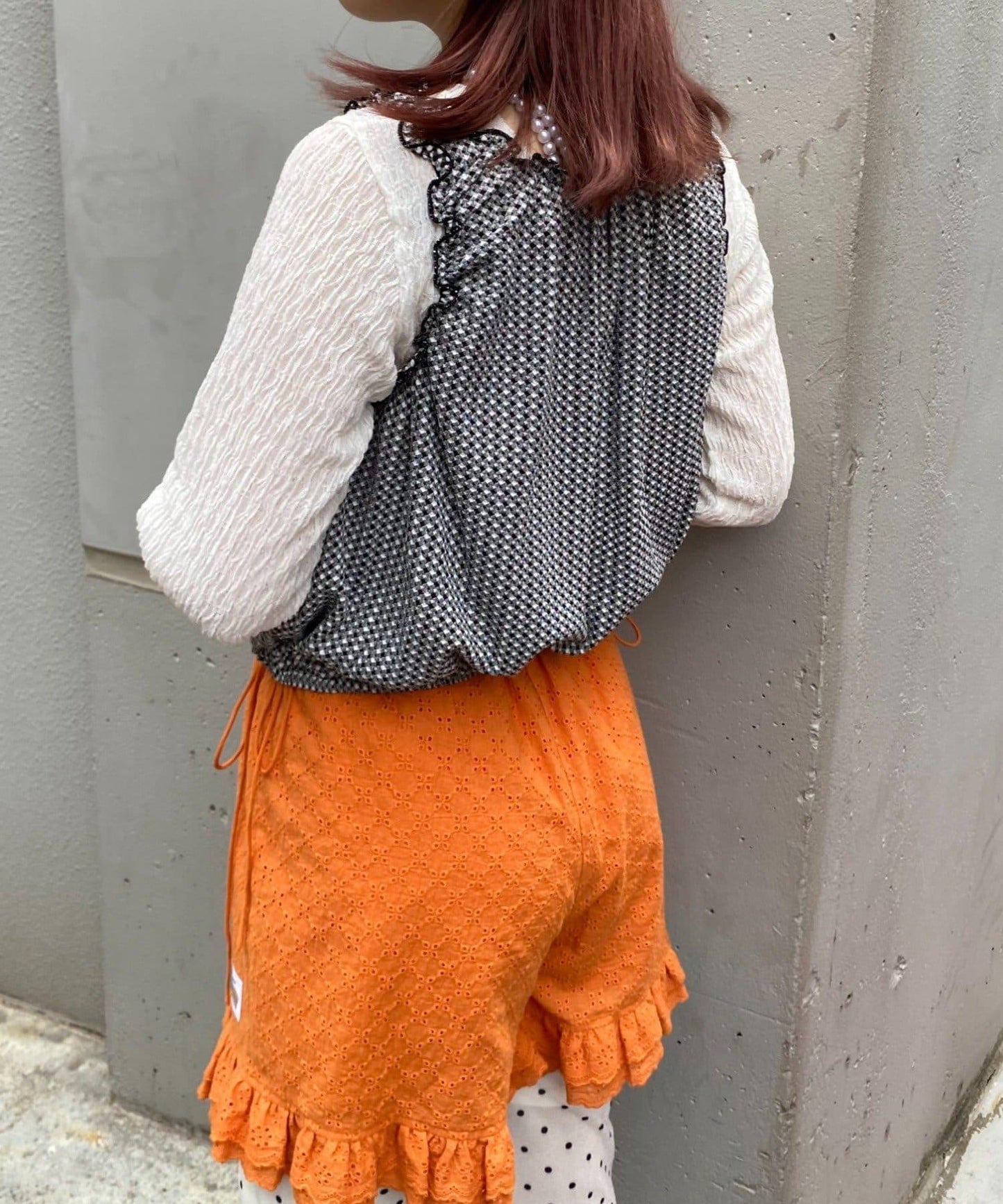 H.S格子印花氣球袖上衣套裝