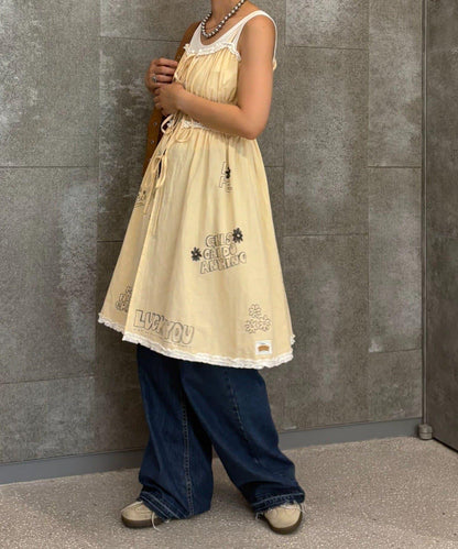 H.S塗鴉風印花蕾絲背心連衣裙